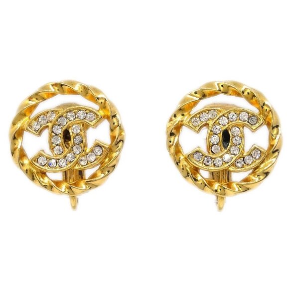 Chanel Gold Button Earrings Clip-On Rhinestone - Picture 1 of 4